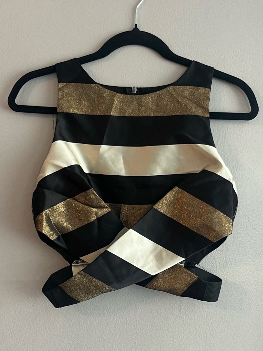 DO+BE Black, White & Metallic Gold Striped Cross-Front Crop Top with Cutouts